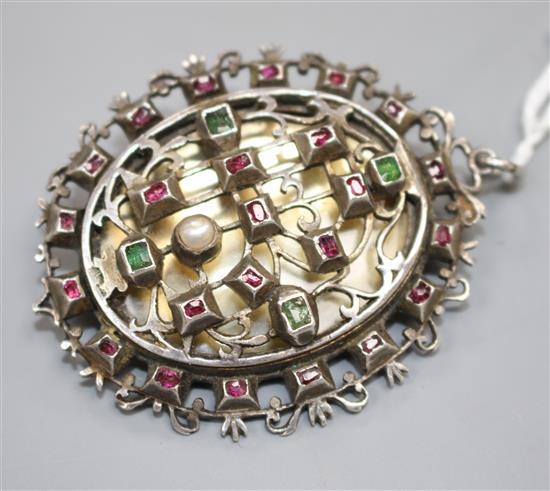 A continental white metal and gem set pendant locket brooch, 50mm, gross weight 31.5 grams.